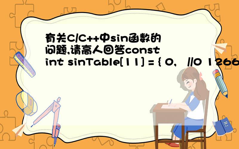 有关C/C++中sin函数的问题,请高人回答const int sinTable[11] = { 0,   //0 1266,  //18 2407,  //36 3314,     //54 3895,  //72 4096,  //90 3895,  //108 3314,  //126 2407,  //144 1266,  //162 0   //180};这个数组里的数除以4096约等于