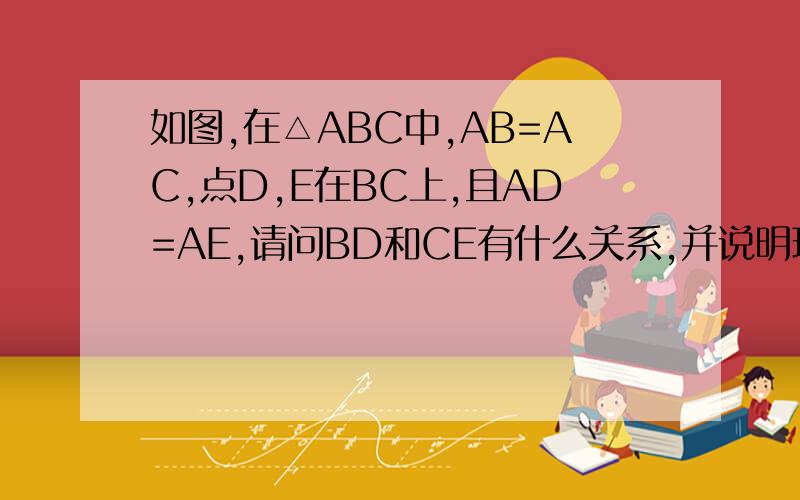 如图,在△ABC中,AB=AC,点D,E在BC上,且AD=AE,请问BD和CE有什么关系,并说明理由.