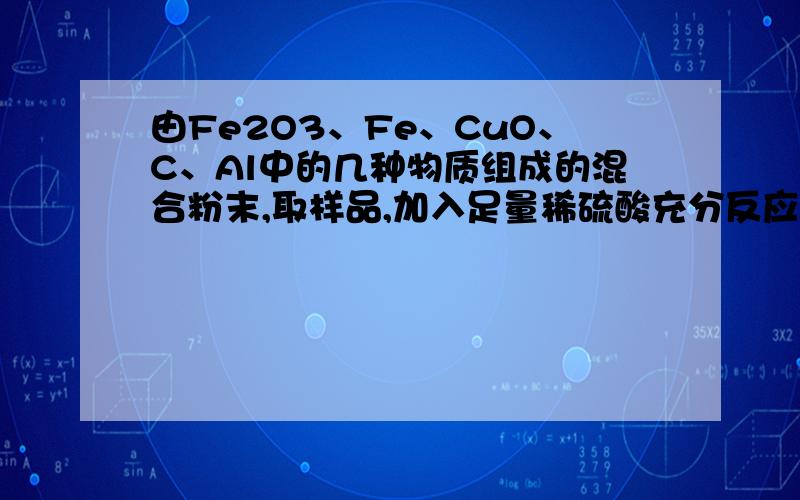 由Fe2O3、Fe、CuO、C、Al中的几种物质组成的混合粉末,取样品,加入足量稀硫酸充分反应.若溶液中一定不会产生铜,则原样品中所有可能存在的物质组合是（各组合中的物质用化学式表示）——