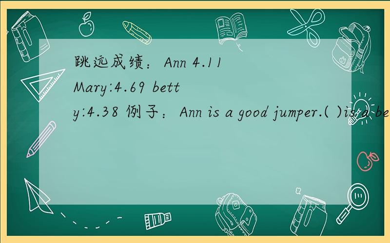 跳远成绩：Ann 4.11 Mary:4.69 betty:4.38 例子：Ann is a good jumper.( )is a better jump than Ann.( )is the( )jumper.---------------------------------比赛跑步成绩：Ann:10.54 Mary:10.21 Betty:10.36--------------------60m runner.----------