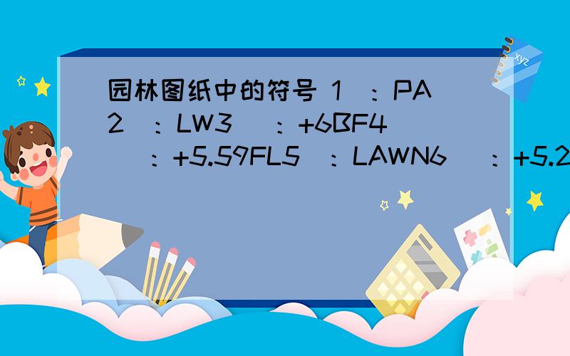 园林图纸中的符号 1）：PA2）：LW3) ：+6BF4) ：+5.59FL5）：LAWN6) ：+5.25TS7) ：地库线是做什么的8）：+5.4WL9) ：+5.25TS10)：硬质基础都包括什么,讲的通俗点.